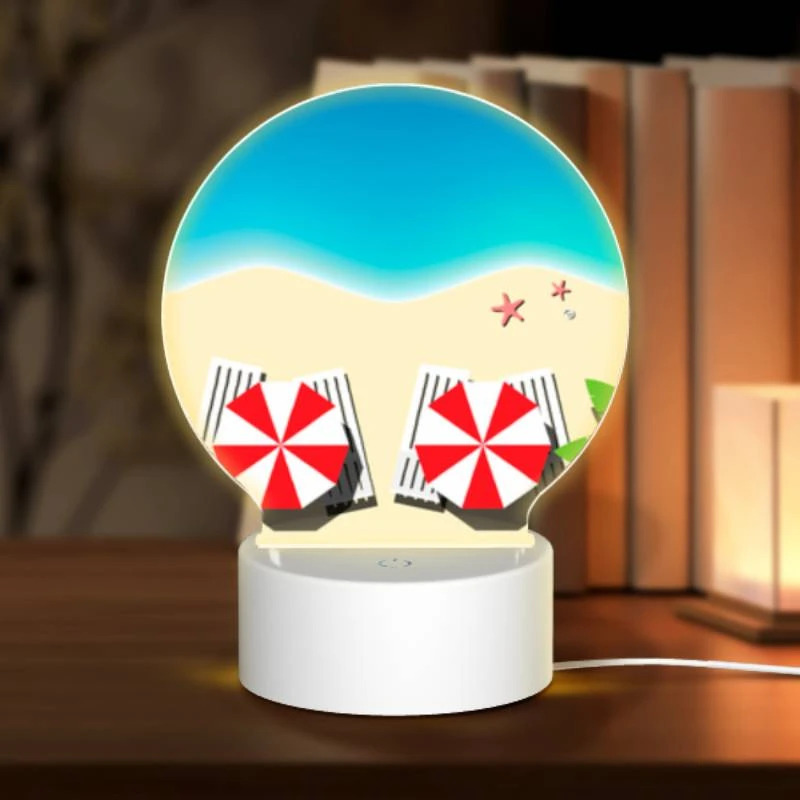 Round Acrylic Night Light, Two red and white striped umbrellas on a beach. Round Acrylic Night Light, Two Red And White Striped Umbrellas On A Beach. -Nuas Diy Shop ca925418e87439c73ddfc28a4a1a66508db20d7e