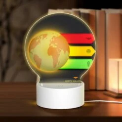 Round Acrylic Night Light, A Colorful Graphic Of A Globe With A Bat Symbol On It.