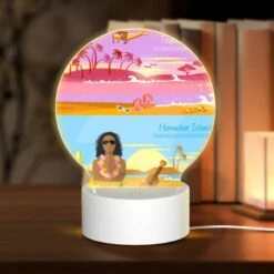 Round Acrylic Night Light, A Colorful Beach Scene With A Man Sitting On The Sand And A Guitar Nearby.
