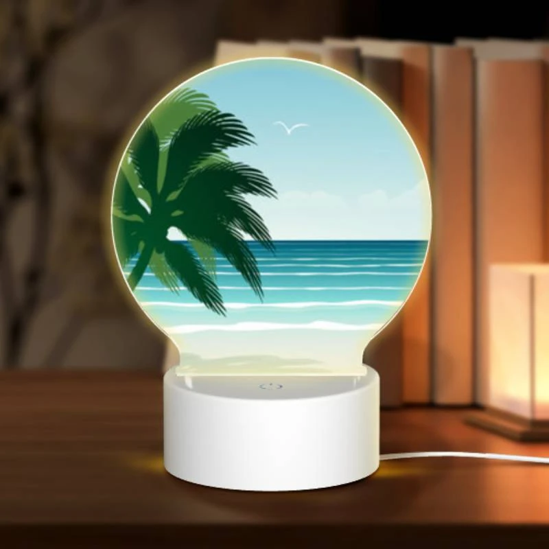 Round Acrylic Night Light, A palm tree is on a beach with a blue ocean in the background. Round Acrylic Night Light, A Palm Tree Is On A Beach With A Blue Ocean In The Background. -Nuas Diy Shop cc8ea5e2c47dfb2e1c0becce513d1923db40d023