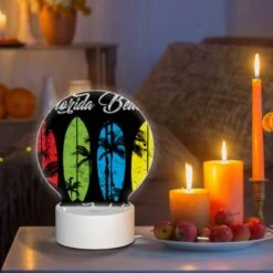 Round Acrylic Night Light, A Black And White Image Of A Surfboard With The Words Florida Beach Paradise Lost Written On It. -Nuas Diy Shop cd618a0c61fbf44982c1855667c7d557bc239de4
