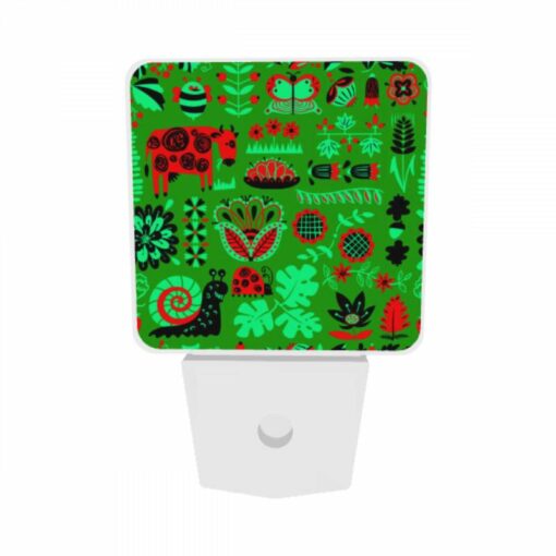 Night Light Set Of 2, A Green And Red Patterned Fabric With Various Plants And Animals On It. -Nuas Diy Shop cfb0a823b6172808c3af4f5f4e5eb755986782bc