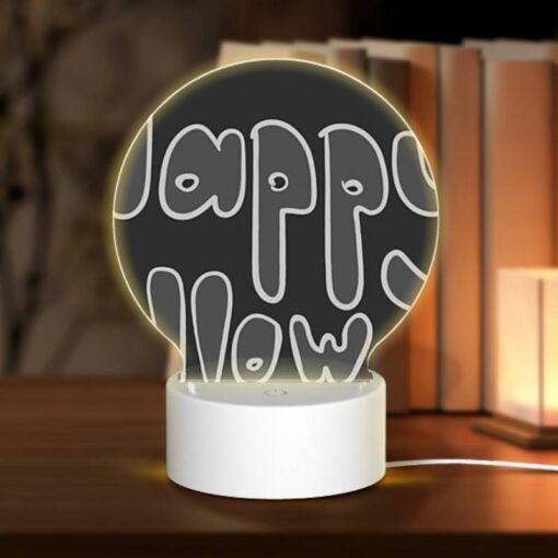 Round Acrylic Night Light, A Black And White Sign That Says "Happy Halloween". -Nuas Diy Shop d084b660dd1e8932675a0c3912036ddc2dcb2083