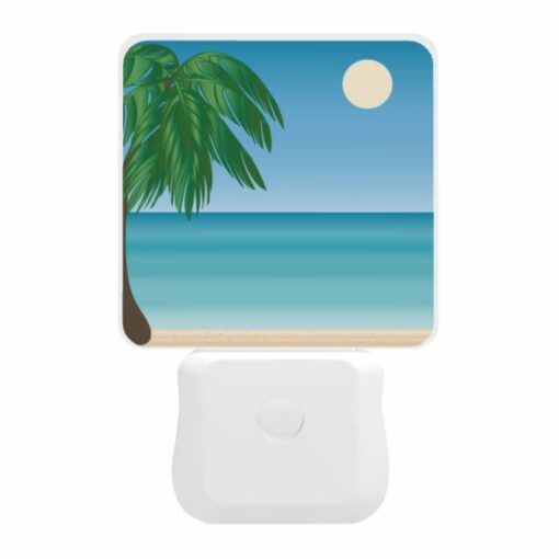 Night Light, A Palm Tree Is On A Beach With A Blue Sky And A Moon In The Background. -Nuas Diy Shop d2351499daf81ced9e0973b089e3074f49c2df1d