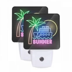 Night Light Set Of 2, A Neon Sign That Says "Summer" With A Boat On It.