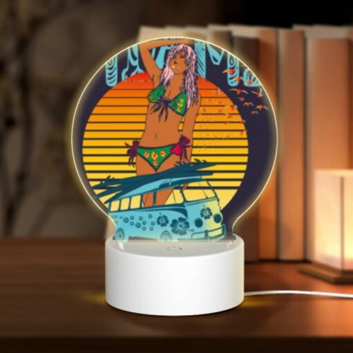Round Acrylic Night Light, A Woman In A Bikini Is Standing Next To A Volkswagen Van. -Nuas Diy Shop d50e2d786304b85a19904b4fdf2c1072173e6e0d