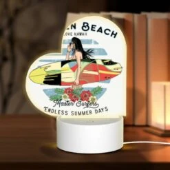 Love Acrylic Night Light, A Woman With A Surfboard In The Ocean.