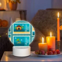 Round Acrylic Night Light, A Collection Of Six Different Colored Postage Stamps Featuring Beach And Tropical Themes. -Nuas Diy Shop d6c11b078041e321a1a4c4c4c4b6b906e432cd6b
