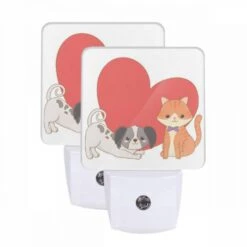Night Light Set Of 2, A Dog And A Cat Are Sitting Next To Each Other.