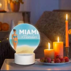 Round Acrylic Night Light, A Woman In A Bikini Stands On A Beach In Front Of A Sign That Reads "Miami Florida." -Nuas Diy Shop daf0c4bb5caf8d825ee7719ebac0a4a3f344101d