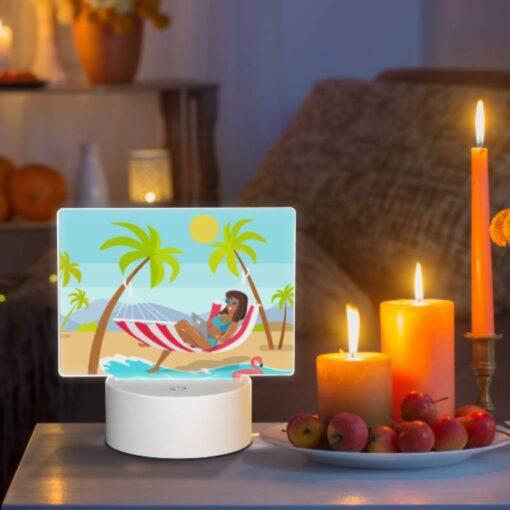 Rectangular Acrylic Night Light, A Woman Is Sitting In A Hammock On The Beach -Nuas Diy Shop dbb26421b8deee6eb1989907c0f880512d416d7e