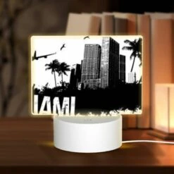 Rectangular Acrylic Night Light, A Black And White Photo Of A City With The Word "Miami" Written In The Foreground.