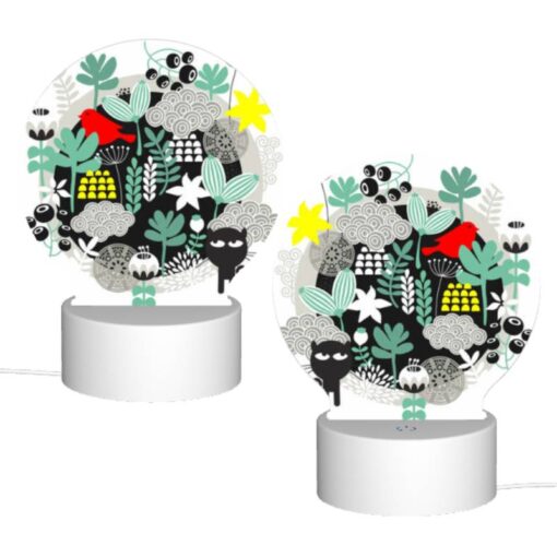 Round Acrylic Night Light, A Black And White Drawing Of A Cat And A Bird In A Forest. -Nuas Diy Shop dd6c93d0a2536101300115207a0438bf98715c9a