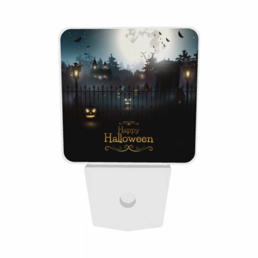 Night Light Set Of 2, A Black And White Image Of A Halloween Scene With A Fence And A Moon In The Background. -Nuas Diy Shop df5402ed85e0ae7a7fdafb40337c873870416329