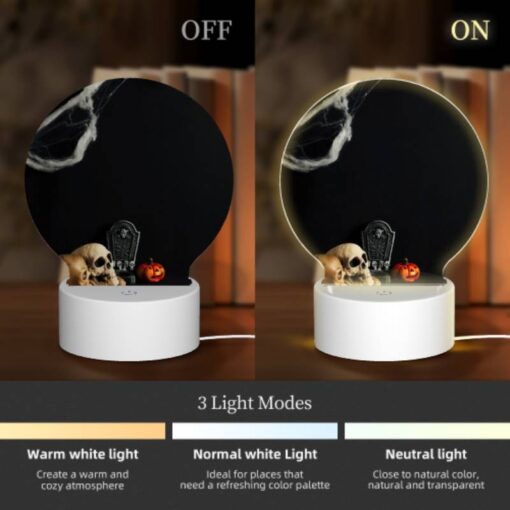Round Acrylic Night Light, A Skeleton And A Pumpkin Are Sitting On A Table. -Nuas Diy Shop e02600d2bb0540a04c52410fff3edbbad1595749
