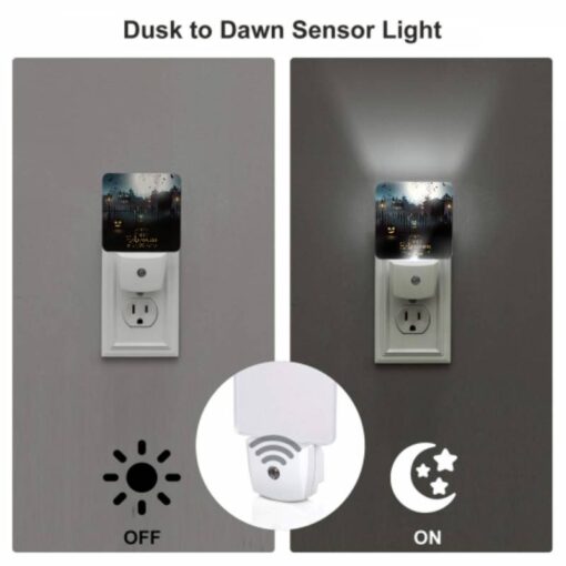 Night Light Set Of 2, A Black And White Image Of A Halloween Scene With A Fence And A Moon In The Background. -Nuas Diy Shop e07f53bad32105a08f67bb4e955c7d3130f9a267