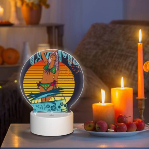 Round Acrylic Night Light, A Woman In A Bikini Is Standing Next To A Volkswagen Van. -Nuas Diy Shop e2180660b443be953b13e27f98d5b4405932587b