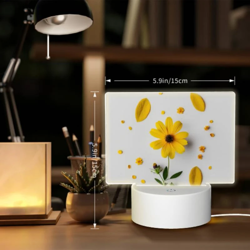 Rectangular Acrylic Night Light, A yellow flower with yellow petals and green leaves is placed on a white surface. Rectangular Acrylic Night Light, A Yellow Flower With Yellow Petals And Green Leaves Is Placed On A White Surface. -Nuas Diy Shop e3711d29358703f9ec8da591fa64d82e159b5439