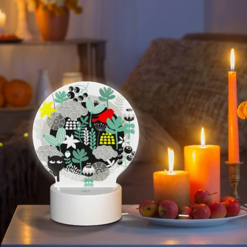 Round Acrylic Night Light, A black and white drawing of a cat and a bird in a forest. Round Acrylic Night Light, A Black And White Drawing Of A Cat And A Bird In A Forest. -Nuas Diy Shop e50c0cc8a0df5cf078e18e2a99b8f2471d77c371
