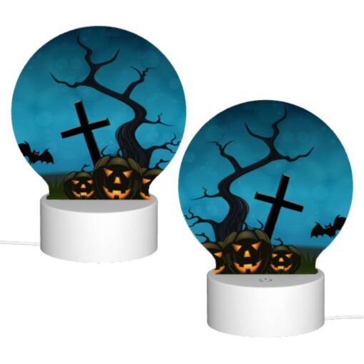 Round Acrylic Night Light, A Halloween Scene With A Cross And A Bat Flying Over A Tree With Pumpkins. -Nuas Diy Shop e6388f89e356643707fb5d148ae710cdefd66a77