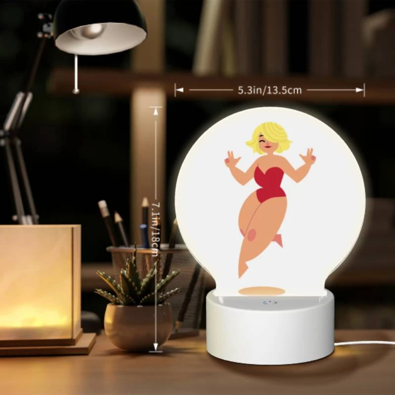 Round Acrylic Night Light, A cartoon woman wearing a red bikini and a red wig is jumping in the air. Round Acrylic Night Light, A Cartoon Woman Wearing A Red Bikini And A Red Wig Is Jumping In The Air. -Nuas Diy Shop e6848216dd1134d3f74fa049b472086ca181a6ad