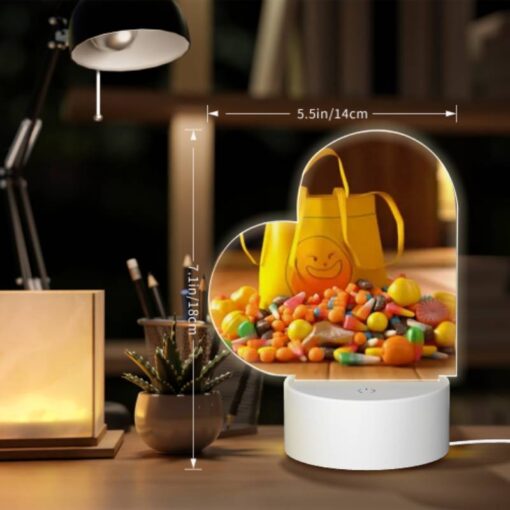 Love Acrylic Night Light, A Yellow Bag With A Smiley Face On It Is Filled With Candy. -Nuas Diy Shop e9682bb35df2a6c3ffcbfebd585be08cc61a73b1