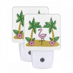 Night Light Set Of 2, A Pink Flamingo Stands Between Two Palm Trees.