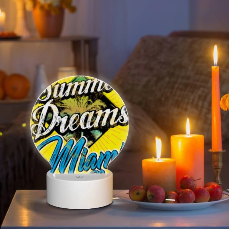 Round Acrylic Night Light, A yellow and blue sign that says "Summer Dreams Miami Beach". Round Acrylic Night Light, A Yellow And Blue Sign That Says "Summer Dreams Miami Beach". -Nuas Diy Shop edac43a73fd194a2f3a614d83e62f0e739e582c2