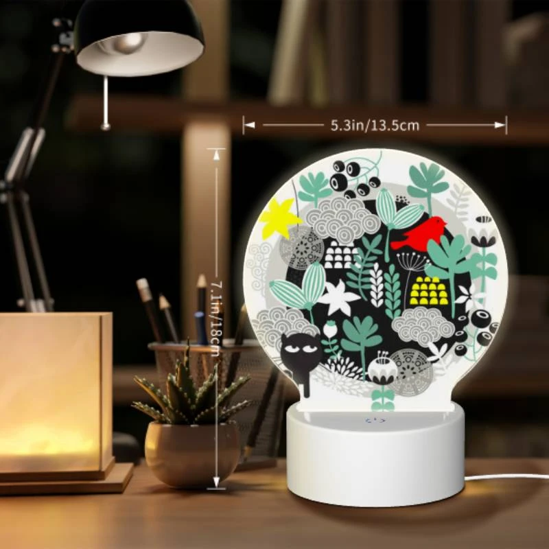 Round Acrylic Night Light, A black and white drawing of a cat and a bird in a forest. Round Acrylic Night Light, A Black And White Drawing Of A Cat And A Bird In A Forest. -Nuas Diy Shop ede615069025edbe2b283a03acb27084653aa16a
