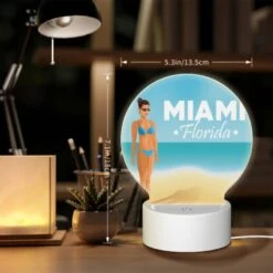 Round Acrylic Night Light, A Woman In A Bikini Stands On A Beach In Front Of A Sign That Reads "Miami Florida." -Nuas Diy Shop ee90ef9fae55354b35ab720457c4705f4887fd9c