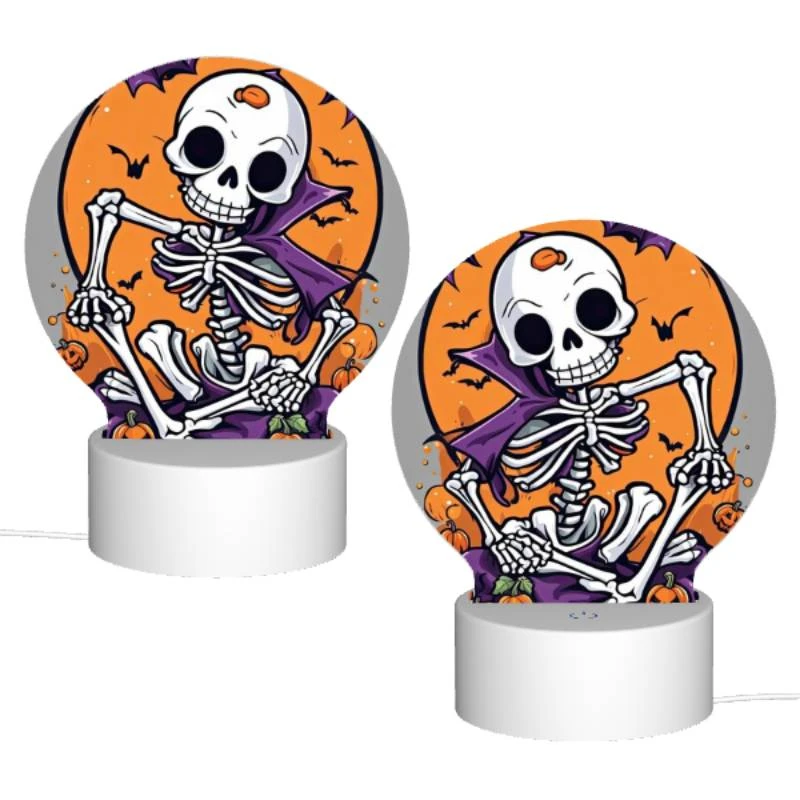 Round Acrylic Night Light, A skeleton is sitting on a pumpkin patch with a bat in the background. Round Acrylic Night Light, A Skeleton Is Sitting On A Pumpkin Patch With A Bat In The Background. -Nuas Diy Shop ee9bc139618d0213956e35aecb938ca8bc70bfc1