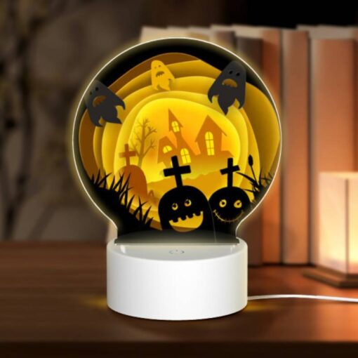 Round Acrylic Night Light, A Cartoon Of A House With A Ghost And A Pumpkin. -Nuas Diy Shop eea081b355c154ea2149e8476c2512e886e20bbc