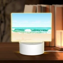 Rectangular Acrylic Night Light, A Beautiful Beach Scene With A Blue Ocean And A Palm Tree.