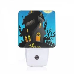 Night Light, A Black And White Drawing Of A Haunted House With A Yellow Banner That Says "Happy Halloween".