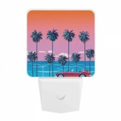 Night Light, A Red Sports Car Is Parked In Front Of A Row Of Palm Trees. -Nuas Diy Shop f31087d30d492c6ed6609127111d30ed34d33112