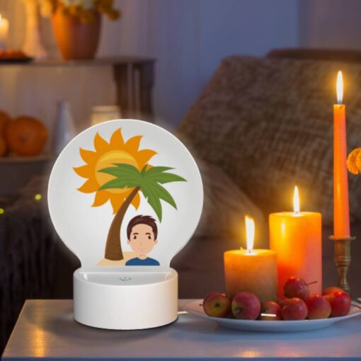 Round Acrylic Night Light, A Man Is Smiling Under A Palm Tree. -Nuas Diy Shop f329af467a0ff2566df4ffe9d6cbae631e40950b