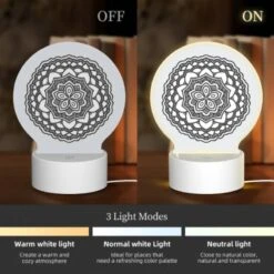 Round Acrylic Night Light, A Black And White Design Of A Flower. -Nuas Diy Shop f33d87ed76e5d32cd1dd8993e22d476d8a9de78e