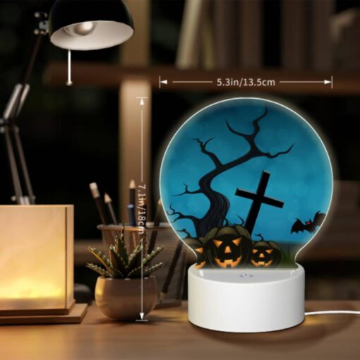 Round Acrylic Night Light, A Halloween Scene With A Cross And A Bat Flying Over A Tree With Pumpkins. -Nuas Diy Shop f382b29b25d6c7cc45c93be5eba25162267cc477