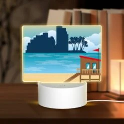 Rectangular Acrylic Night Light, A Beach Scene With A Lifeguard Tower And A Palm Tree.
