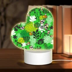 Love Acrylic Night Light, A Green And Yellow Floral Pattern With Bees And Flowers.