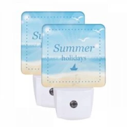 Night Light Set Of 2, A Blue And White Postcard With A Sailboat On It And The Words "Summer Holidays" Written On It.