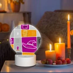 Round Acrylic Night Light, A Collection Of Halloween Images On A Pink Background. -Nuas Diy Shop f71373d51b888a5f001111e49d764bd7ec2b6d75