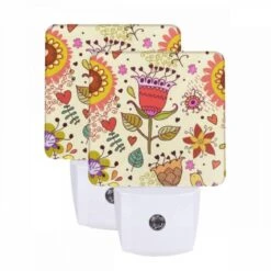 Night Light Set Of 2, A Colorful Flower With A Red Center Is Surrounded By Other Flowers And Hearts.