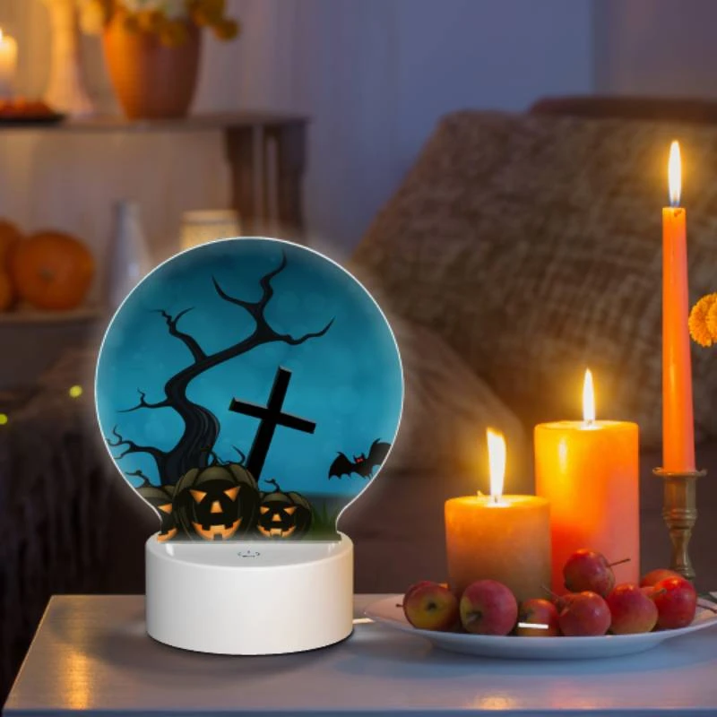 Round Acrylic Night Light, A Halloween scene with a cross and a bat flying over a tree with pumpkins. Round Acrylic Night Light, A Halloween Scene With A Cross And A Bat Flying Over A Tree With Pumpkins. -Nuas Diy Shop f7b4ac0d1f5e868cbfb954068d11b33054e4e21d