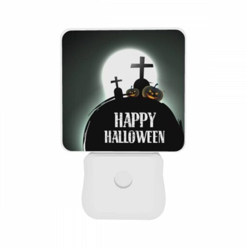 Night Light Set Of 2, A Black And White Image Of A Halloween Scene With A Cross And Pumpkins. -Nuas Diy Shop f9a5c7d1454e218be6f3e29901a43f95ff860853