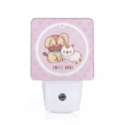 Night Light, A Dog And A Cat Are Sitting Together In A Pink Circle.