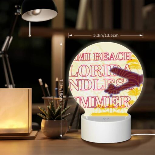 Round Acrylic Night Light, A Plane Is Flying Over A Beach With The Words "Miami Beach Florida" Written On It. -Nuas Diy Shop fcb7d842880727ca3b8e2a1b6ba09df8c73f2116