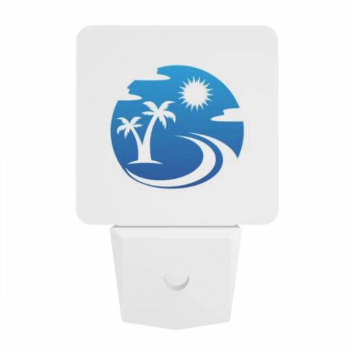 Night Light, A Blue And White Logo Of A Sun And Palm Tree. -Nuas Diy Shop fcce0c94dd4f2be476e1e99116dfc06f5201cc57