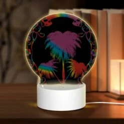 Round Acrylic Night Light, A Colorful Image Of A Palm Tree With A Rainbow Background.
