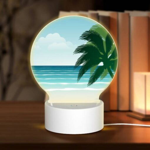 Round Acrylic Night Light, A Palm Tree Is On A Beach With A Blue Ocean In The Background. -Nuas Diy Shop ff665ae8addcacad32e974559a9fe593c4660d36